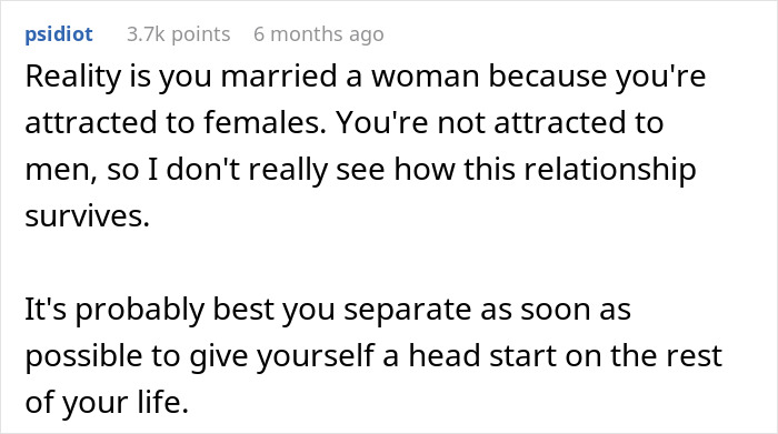 Comment discussing challenges and advice after a wife came out as trans, focusing on relationship survival and separation. Comment discussing challenges and advice after a wife came out as trans, focusing on relationship survival and separation.