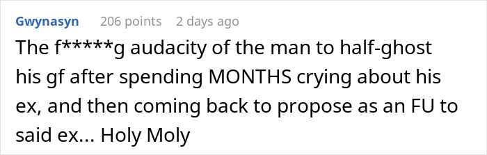 Comment on a dramatic situation involving an upset ex-girlfriend and marriage proposal conflict. Comment on a dramatic situation involving an upset ex-girlfriend and marriage proposal conflict.