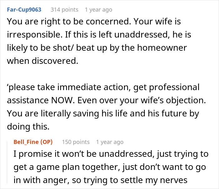 Comment thread discussing a dad catching teen son creeping in neighbor’s yard and wife’s defense of him. Comment thread discussing a dad catching teen son creeping in neighbor’s yard and wife’s defense of him.