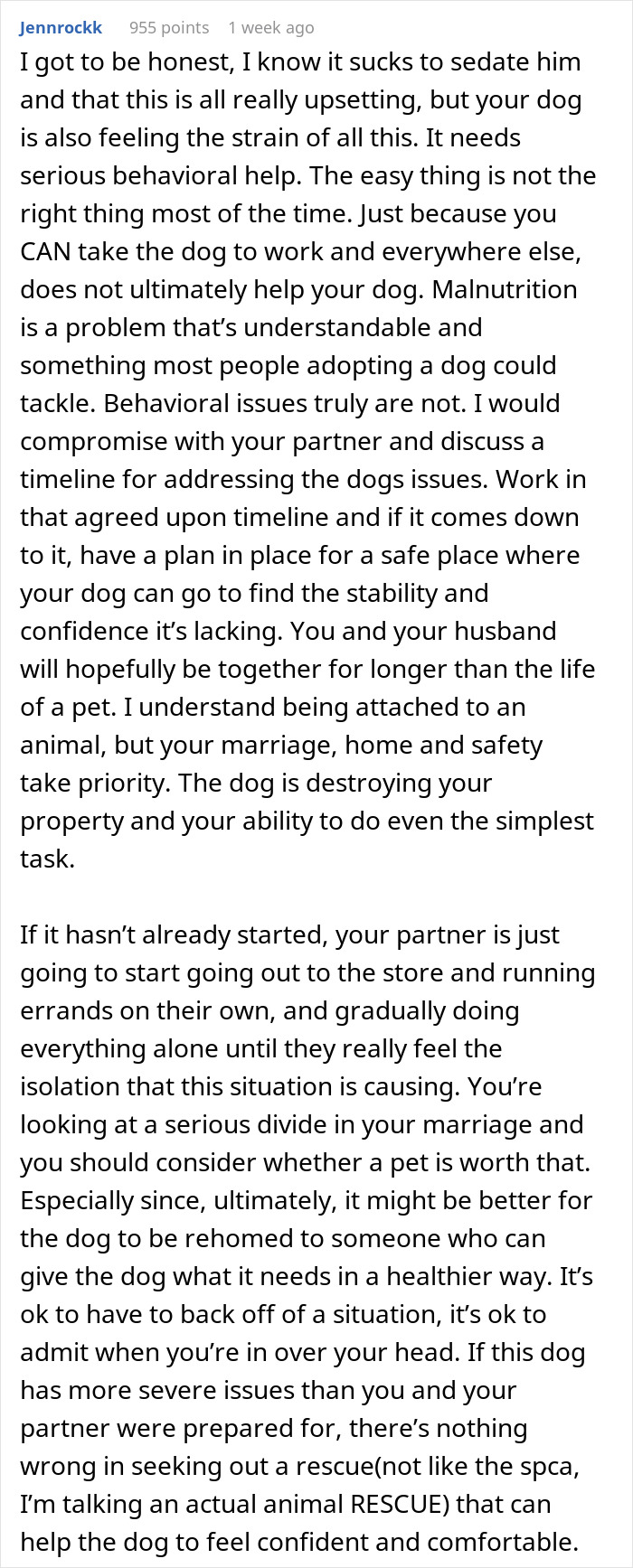 Discussion on adopted dog's behavior issues affecting couple's relationship, suggesting solutions and rescue options. Discussion on adopted dog's behavior issues affecting couple's relationship, suggesting solutions and rescue options.