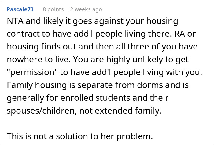 Text exchange about dorm room sharing concerns, addressing housing rules and family accommodations in college. Text exchange about dorm room sharing concerns, addressing housing rules and family accommodations in college.