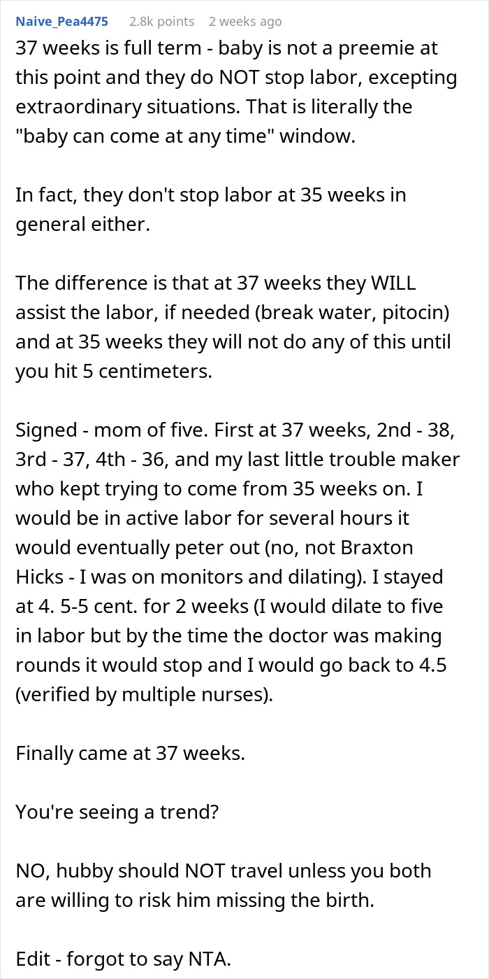 Mom-to-be advises husband not to attend sister's wedding due to close due date, sharing her experience with labor timing. Mom-to-be advises husband not to attend sister's wedding due to close due date, sharing her experience with labor timing.