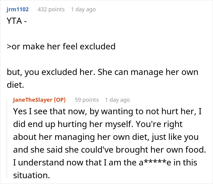 Reddit comments discussing a manager excluding a coworker from a BBQ due to her diet. Reddit comments discussing a manager excluding a coworker from a BBQ due to her diet.