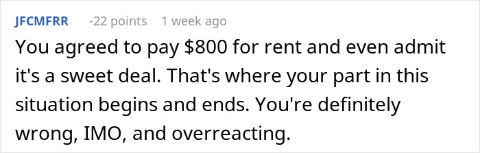 Reddit comment about a woman's rent situation, mentioning paying $800 and reactions to her discovery. Reddit comment about a woman's rent situation, mentioning paying $800 and reactions to her discovery.