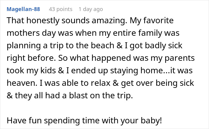 Text conversation about missing a family beach trip and being content with staying home to relax. Text conversation about missing a family beach trip and being content with staying home to relax.