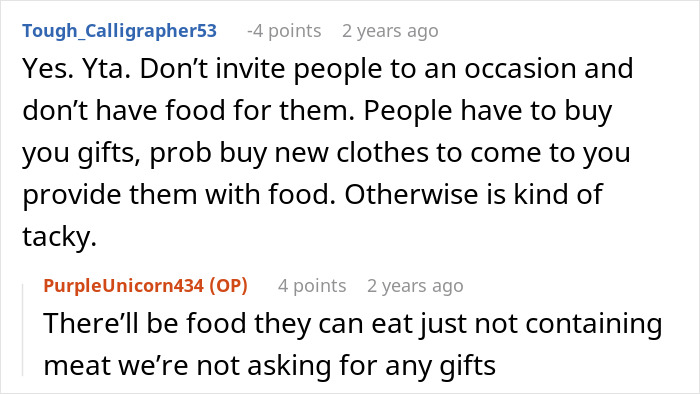 Debate on offering meat option at wedding; one user thinks it's rude, while another clarifies all guests will have food. Debate on offering meat option at wedding; one user thinks it's rude, while another clarifies all guests will have food.