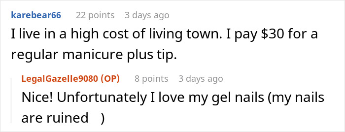 Conversation about nail salon prices, mentioning a $30 manicure and the preference for gel nails. Conversation about nail salon prices, mentioning a $30 manicure and the preference for gel nails.