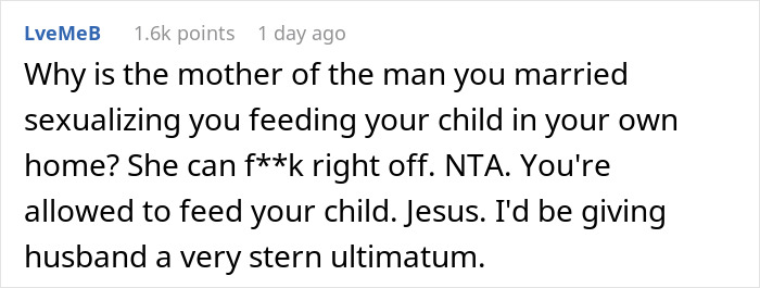 Reddit user's comment supporting breastfeeding in response to a mother-in-law's rude remarks. Reddit user's comment supporting breastfeeding in response to a mother-in-law's rude remarks.