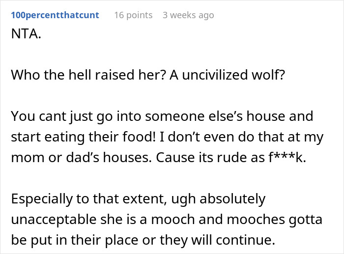 Reddit comment criticizing a woman for eating $60 of groceries uninvited at a friend's house. Reddit comment criticizing a woman for eating $60 of groceries uninvited at a friend's house.