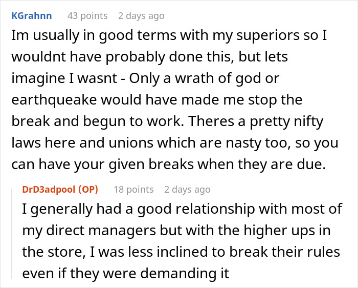 Online forum conversation about strictly following a break policy, leading to workplace kitchen chaos. Online forum conversation about strictly following a break policy, leading to workplace kitchen chaos.