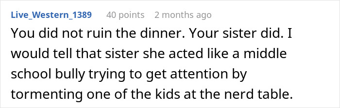 Reddit comment discussing family dinner situation; sister's behavior criticized. Reddit comment discussing family dinner situation; sister's behavior criticized.