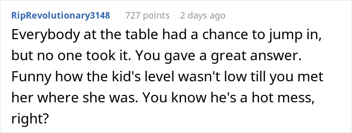 Comment mentioning table conversation, answers, and a hot mess, related to fiance, daughter, gold digger context. Comment mentioning table conversation, answers, and a hot mess, related to fiance, daughter, gold digger context.