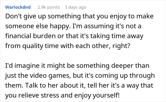 Text discussing someone's perspective on balancing video games and relationship satisfaction. Text discussing someone's perspective on balancing video games and relationship satisfaction.