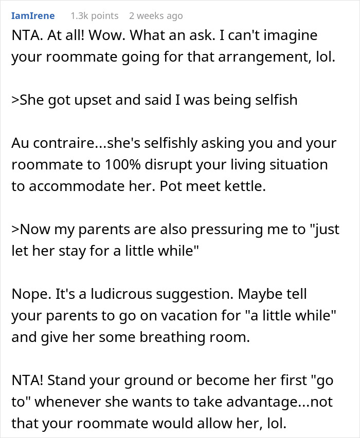 Reddit comment discussing refusal to share a college dorm with an older sister and her baby. Reddit comment discussing refusal to share a college dorm with an older sister and her baby.