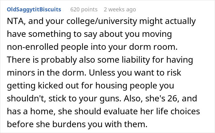 Text from a forum post discussing dorm room sharing issues with a sister and baby. Text from a forum post discussing dorm room sharing issues with a sister and baby.