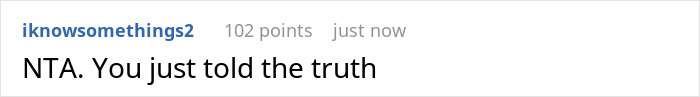 Reddit comment saying, "NTA. You just told the truth," with 102 points, related to anxiety pills at a wedding. Reddit comment saying, "NTA. You just told the truth," with 102 points, related to anxiety pills at a wedding.