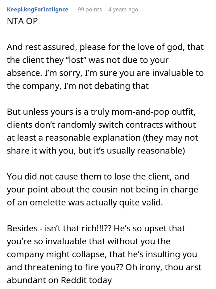 Text discussion about a woman not answering work calls on maternity leave and a boss upset over a lost client. Text discussion about a woman not answering work calls on maternity leave and a boss upset over a lost client.