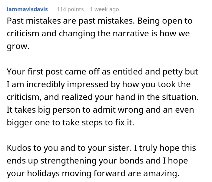 Comment discussing accepting criticism and family bonds after a disagreement about changing tradition. Comment discussing accepting criticism and family bonds after a disagreement about changing tradition.
