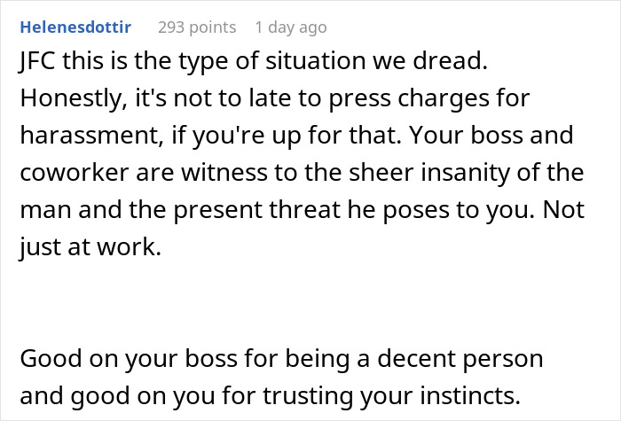 Comment discussing a woman's clever escape plan from a delusional client causing panic. Comment discussing a woman's clever escape plan from a delusional client causing panic.