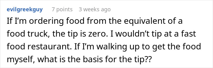 Comment discussing tipping at fast food places in a thread about a tipped restaurant employee. Comment discussing tipping at fast food places in a thread about a tipped restaurant employee.