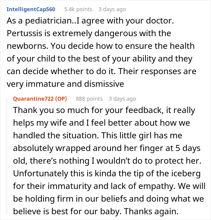 Discussion about relatives' reactions to new baby visiting rules and vaccine updates. Discussion about relatives' reactions to new baby visiting rules and vaccine updates.