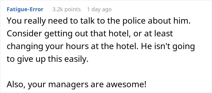 Advice for woman planning her escape from a delusional client, suggesting police involvement and hotel changes. Advice for woman planning her escape from a delusional client, suggesting police involvement and hotel changes.