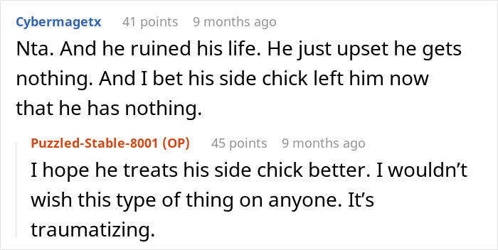 Reddit comments discussing a partner plotting against his fiancée, mentioning consequences with a side chick. Reddit comments discussing a partner plotting against his fiancée, mentioning consequences with a side chick.