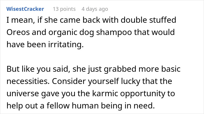 Screenshot of a comment discussing a good deed and helping someone with basic necessities. Screenshot of a comment discussing a good deed and helping someone with basic necessities.