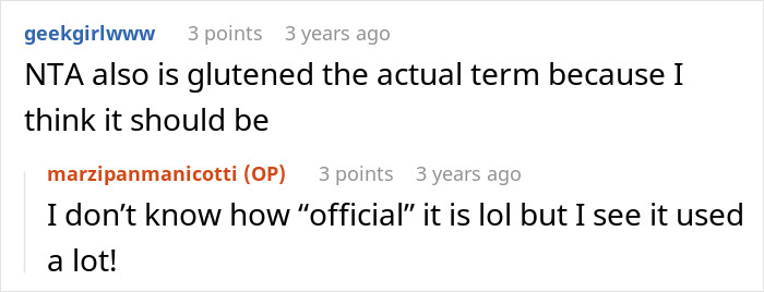 Reddit comments discussing gluten-free terminology humorously. Reddit comments discussing gluten-free terminology humorously.