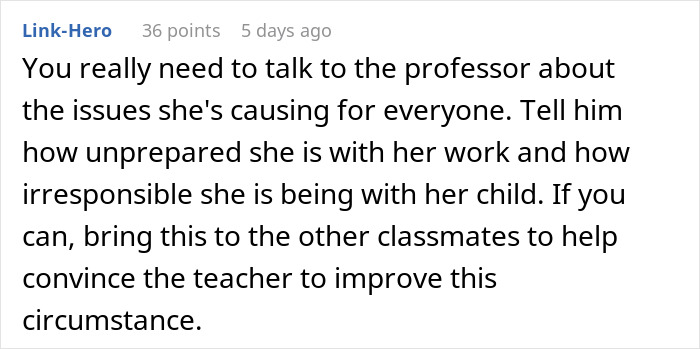 Comment on issues caused by a child running around in college, suggesting a talk with the professor. Comment on issues caused by a child running around in college, suggesting a talk with the professor.