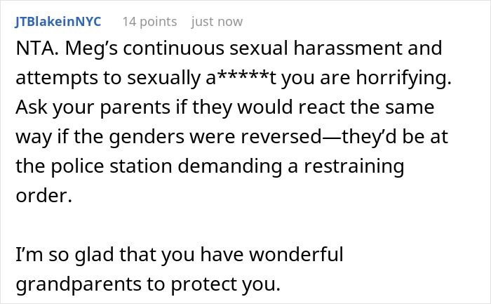 Reddit comment discussing harassment, questioning parental reaction, and mentioning protective grandparents. Reddit comment discussing harassment, questioning parental reaction, and mentioning protective grandparents.