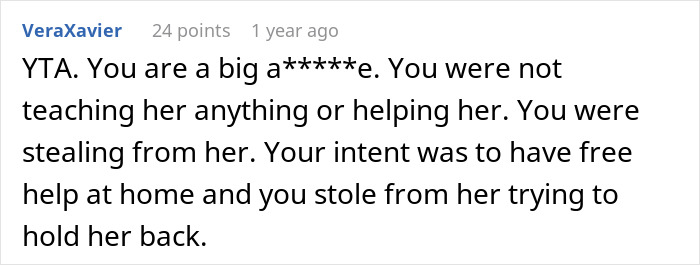 Online comment criticizing a man for tricking stepdaughter into overcharged rent to keep her home for chores. Online comment criticizing a man for tricking stepdaughter into overcharged rent to keep her home for chores.