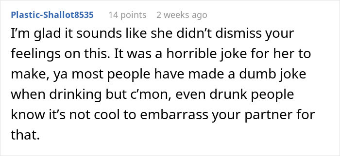 Comment discussing support after wife drunkenly exposes husband to friends. Comment discussing support after wife drunkenly exposes husband to friends.