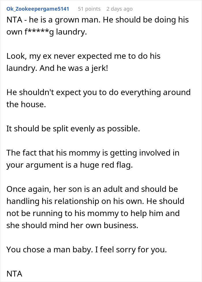 Comment addressing lazy man relying on mom, highlighting relationship issues and urging fairness in house chores. Comment addressing lazy man relying on mom, highlighting relationship issues and urging fairness in house chores.