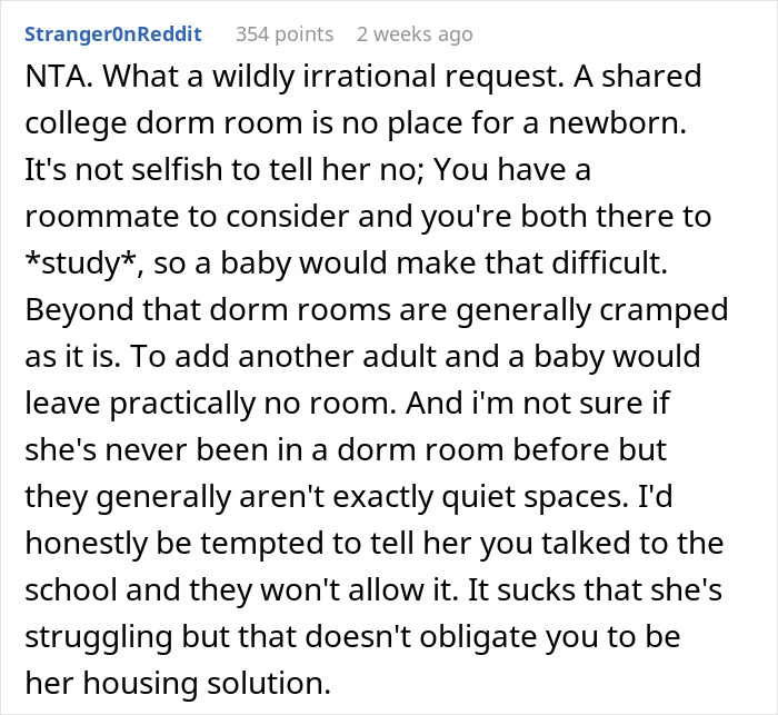 Text discussing refusal to share college dorm room with older sister and her baby, emphasizing space and noise concerns. Text discussing refusal to share college dorm room with older sister and her baby, emphasizing space and noise concerns.