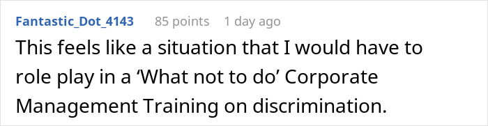 Comment discussing manager discrimination during a corporate BBQ. Comment discussing manager discrimination during a corporate BBQ.