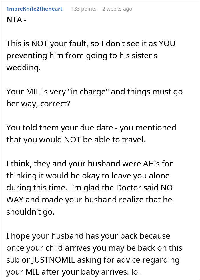 Discussion on husband skipping sister's wedding due to mom-to-be's due date concerns. Discussion on husband skipping sister's wedding due to mom-to-be's due date concerns.