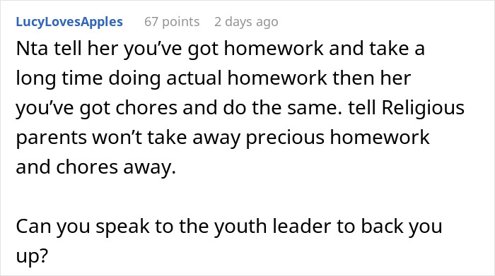 Text comment from user LucyLovesApples advising to refuse babysitting by prioritizing homework and chores when aunt starts drama in niece’s life. Text comment from user LucyLovesApples advising to refuse babysitting by prioritizing homework and chores when aunt starts drama in niece’s life.