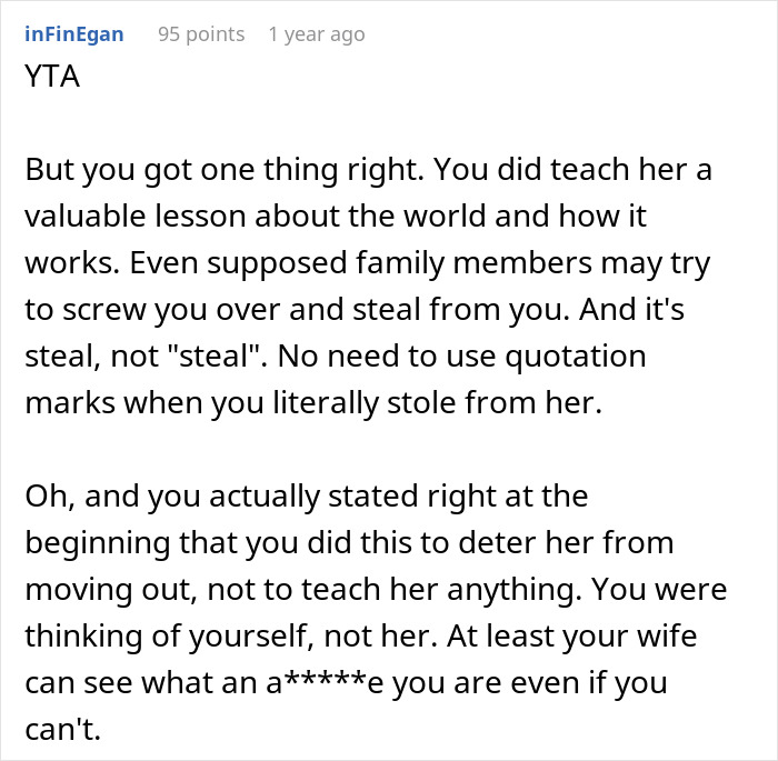 Reddit comment discussing overcharging rent to stepdaughter for doing chores. Reddit comment discussing overcharging rent to stepdaughter for doing chores.