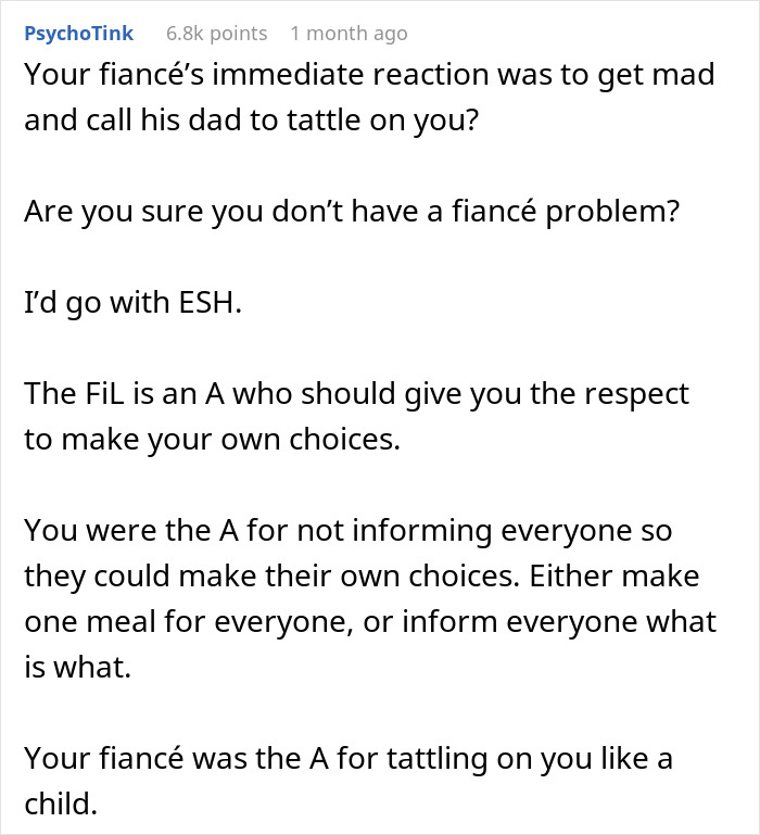 Comment discussing FIL's reaction to vegetarian meatballs and fiancé's response. Comment discussing FIL's reaction to vegetarian meatballs and fiancé's response.