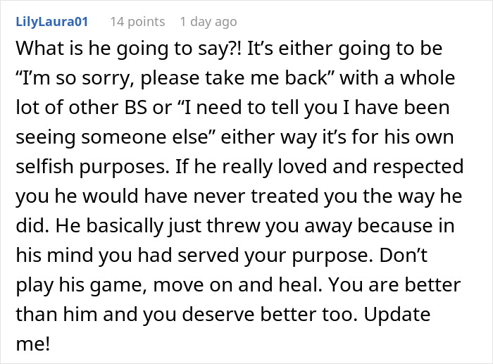 Text comment on a breakup advice forum discussing moving on after a relationship ends. Text comment on a breakup advice forum discussing moving on after a relationship ends.