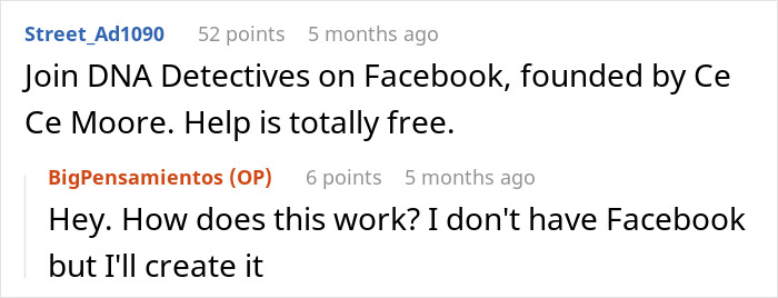 Comments discussing joining DNA Detectives on Facebook for free help after unexpected family DNA results. Comments discussing joining DNA Detectives on Facebook for free help after unexpected family DNA results.