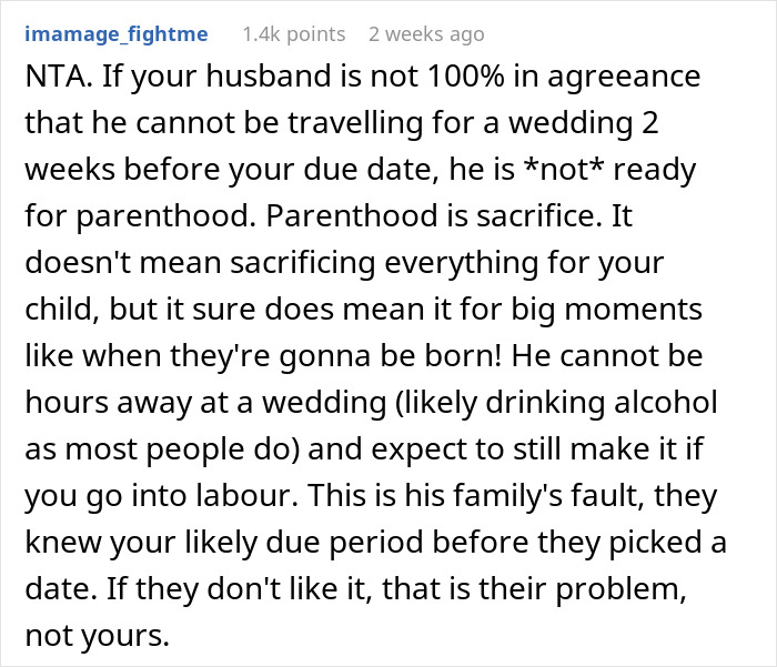 Online discussion about husband skipping sister's wedding near wife's due date. Online discussion about husband skipping sister's wedding near wife's due date.