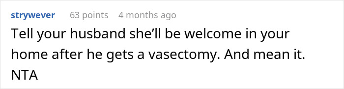 Comment about MIL joking on birth control and vasectomy advice. Comment about MIL joking on birth control and vasectomy advice.