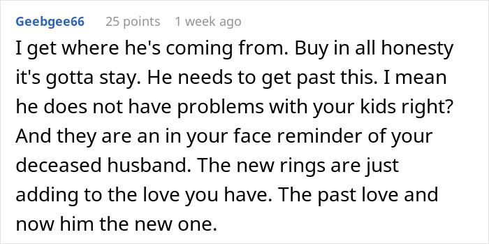 Comment discusses future wife keeping tattoo from late husband, suggesting acceptance and new love. Comment discusses future wife keeping tattoo from late husband, suggesting acceptance and new love.