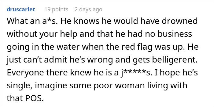 Alt text: Boomer nearly drowns then berates lifeguard who saved him, hurting his fragile male ego during rescue.