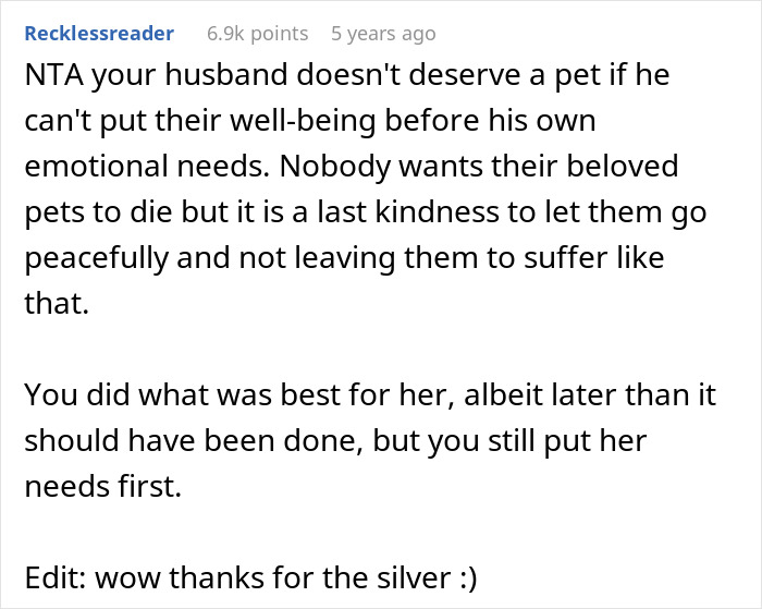 Reddit comment discussing a woman's decision to end her suffering dog’s life, prioritizing pet well-being. Reddit comment discussing a woman's decision to end her suffering dog’s life, prioritizing pet well-being.