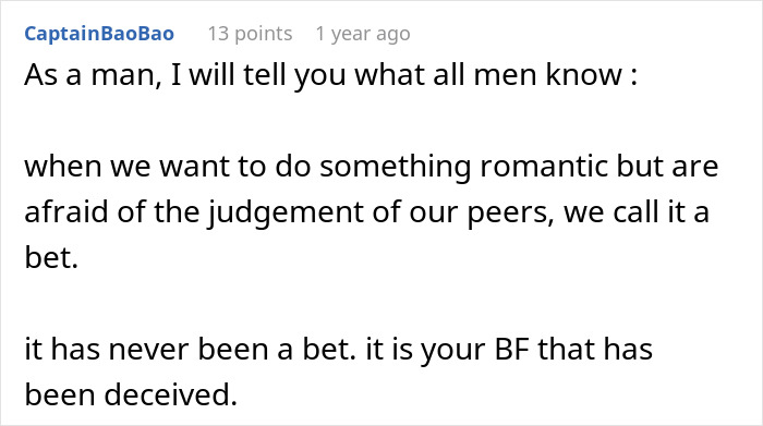 Text from Reddit comment about deceptive romantic bets before a wedding. Text from Reddit comment about deceptive romantic bets before a wedding.