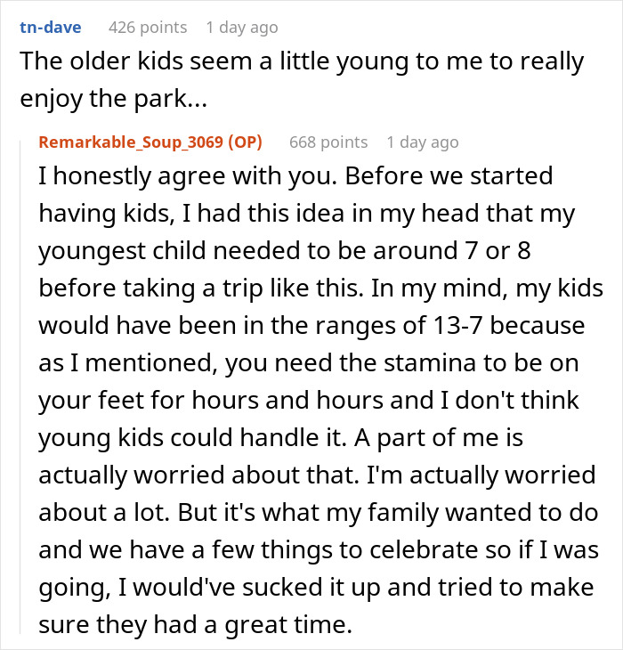 Reddit post discussing family vacation plans and concerns about young kids enjoying a trip. Reddit post discussing family vacation plans and concerns about young kids enjoying a trip.
