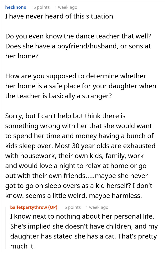 Reddit user expresses concerns over dance teacher's sleepover invitation, discussing safety and personal boundaries. Reddit user expresses concerns over dance teacher's sleepover invitation, discussing safety and personal boundaries.